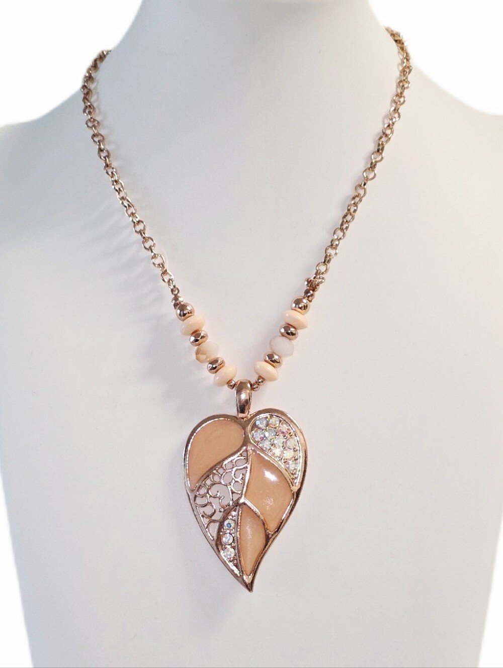 Nude Enameled Heart Leaf Pendant Rose Gold-Tone Necklace